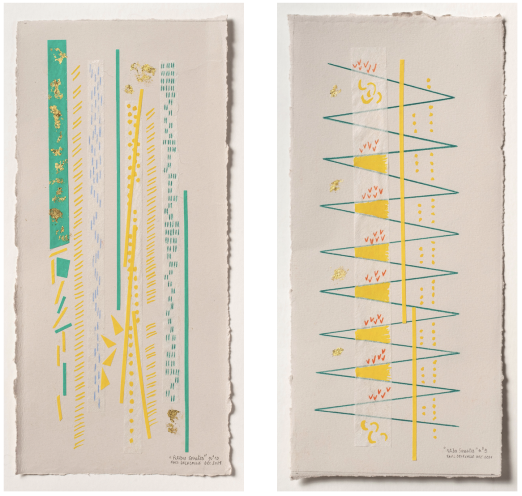 Petites Sonates, n°10 et n°9,  33,5 x 20 cm
Feuille d’or et techniques mixtes sur papier et papier japonais. 